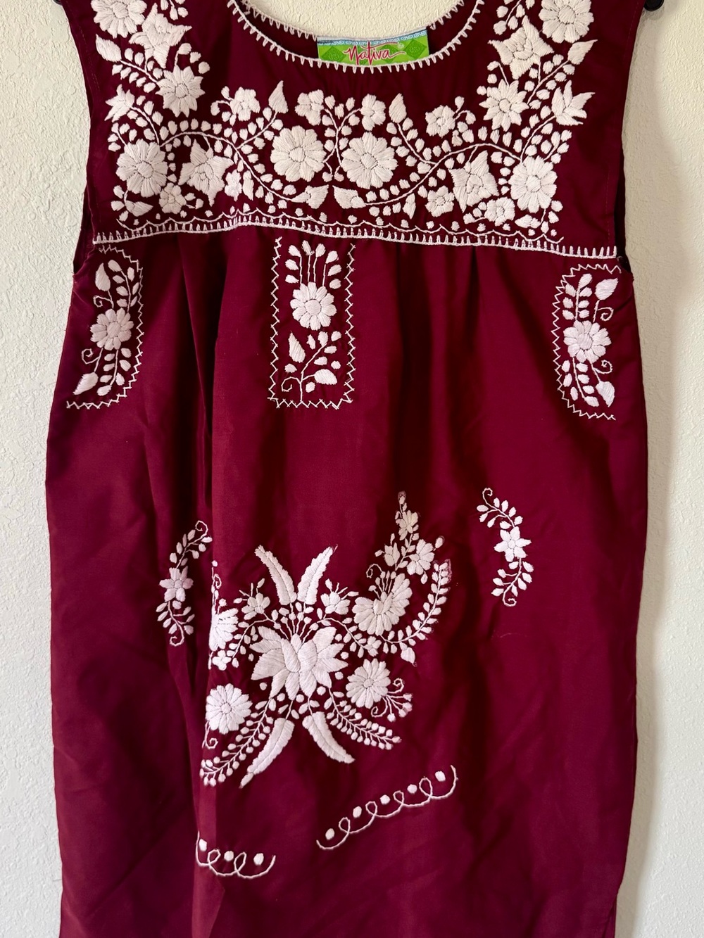 Hand-Embroidered Maroon and white Midi Dress with Cream Floral Detail Size Small